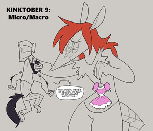 anthro clothing dialogue dress duo extreme_size_difference feminization hair macro male micro red_hair size_difference speech_bubble tail rusheloc kinktober kinktober_2025 robin_(rusheloc) rush_eloc_(rusheloc) american_opossum canid canine canis mammal marsupial virginia_opossum wolf 2025