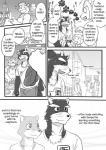 anthro big_muscles canid canine canis clothing comic cotton_(artist) dialogue domestic_dog english_text female food fur greyscale male mammal monochrome muscular natsume_(tooboe_bookmark) text tooboe_bookmark