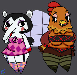 anthro avian_caruncle bandeau bare_shoulders beak beakstick belly big_breasts biped black_clothing black_eyes black_hair black_tail blush bra breast_size_difference breasts brown_body brown_feathers cleavage clothed clothing comb_(anatomy) dewlap_(anatomy) dress duo eyelashes eyeshadow feathered_wings feathers featureless_feet feet female footwear front_view furgonomics garter_straps gloves_(marking) grey_background hair half-closed_eyes hands_on_hips head_crest huge_breasts legwear lingerie lipstick long_snout looking_at_another looking_away makeup markings mascara medium_breasts midriff multicolored_body multicolored_feathers narrowed_eyes non-mammal_breasts orange_body orange_feathers panties pink_clothing purple_body raised_arm red_body red_lipstick ribbons short_hair shortstack shortstack_female simple_background skimpy slightly_chubby smile snout socks standing strapless_bra strapless_clothing strapless_underwear tail thigh_highs thigh_socks topwear two_tone_body two_tone_feathers underwear wattle white_body wide_hips winged_arms wings yellow_beak klutzatdusk animal_crossing nintendo annalisa_(animal_crossing) broffina_(animal_crossing) anteater avian bird chicken galliform mammal phasianid pilosan xenarthran 2018 aliasing digital_drawing_(artwork) digital_media_(artwork) full-length_portrait portrait