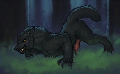 5_fingers all_fours animal_genitalia animal_penis anthro bared_teeth big_penis black_body black_fur black_nose black_sclera canine_genitalia canine_penis claws dark detailed_background digitigrade ears_back erection fangs fingers forest fur genitals grass grin knot light looking_at_viewer male male_anthro moonlight nature night nude outside penis pivoted_ears plant shadow sharp_teeth side_view smile solo teeth thick_penis tree urethra yellow_eyes snowskau mythology canid canine canis mammal mythological_canine mythological_creature werecanid werecanine werecreature werewolf wolf 2014 digital_media_(artwork)