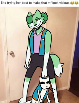 anthro bottomwear clothing door duo emoji eyebrows female fingers fur green_body green_fur green_hair hair hair_over_eye looking_at_viewer male photo_background tail text topwear whiskers white_body white_fur yellow_sclera ncs gamecade_(ncs) gloose_(ncs) nance_(ncs) canid canine canis domestic_cat felid feline felis mammal wolf 2025 draw_over english_text hi_res photography_(artwork)