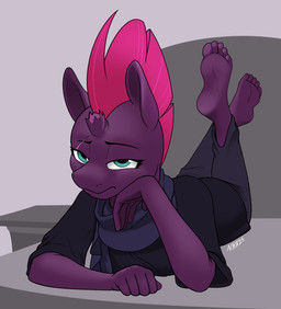 1_horn 5_fingers 5_toes anthro arm_support barefoot black_clothing black_eyebrows black_topwear blue_eyes bottomwear broken_horn calves_up clothed clothed_anthro clothed_female clothing crossed_legs eye_scar eyebrow_scar eyebrows eyelashes facial_scar feet female female_anthro fingers forehead_horn front_view fully_clothed fully_clothed_anthro fully_clothed_female gradient_hair grey_bottomwear grey_clothing grey_pants grey_scarf hair half-closed_eyes hand_on_cheek horn humanoid_feet humanoid_hands iris leaning_on_elbow looking_at_viewer mohawk monotone_body monotone_bottomwear monotone_clothing monotone_pants monotone_topwear mouth_closed multicolored_hair narrowed_eyes pants pink_hair plantigrade pupils purple_body purple_horn red_hair scar scarf short_hair snout soles solo text the_pose toes topwear unimpressed white_sclera white_text nudeknightart friendship_is_magic hasbro my_little_pony my_little_pony:_the_movie_(2017) mythology tempest_shadow_(mlp) equid equine mammal mythological_creature mythological_equine unicorn 2025 dated english_description full-length_portrait hi_res portrait shaded