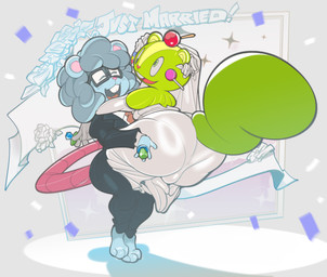 anthro big_butt biped blue_body blue_fur buckteeth bulge bulge_from_behind butt candy carrying_another clothed clothing crossdressing dessert digit_ring dress duo eyewear food footwear fur glasses green_body green_fur happy high_heels holding_butt jewelry male male/male male_anthro mismatched_eyes open_mouth open_smile puffy_hair ring ring_pop shoes smile suit tail teeth veil wedding wedding_dress wedding_ring submarine_screw happy_tree_friends biscuit_(bizkit) nutty_(htf) mammal murid murine rat rodent sciurid tree_squirrel absurd_res hi_res