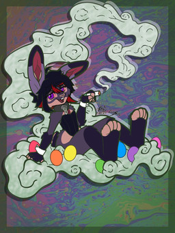 abstract_background anthro black_body black_fur border chain clothing collar corset drugs easter_egg female fur holidays joint lingerie marijuana piercing psychedelic_background purple_eyes red_sclera smoke smoking smoking_joint smoking_marijuana solo tongue tongue_piercing topwear licibun 4/20 easter styx_(licibun) demon lagomorph leporid mammal rabbit succubus 3:4 hi_res nonbinary_(lore)