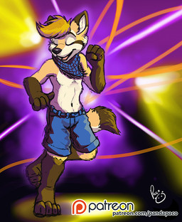 anthro blonde_hair blue_bottomwear blue_clothing blue_kerchief blue_neckerchief blue_shorts bottomwear brown_body brown_fur clothing dancing eyes_closed fur gloves_(marking) hair kerchief leg_markings logo male male_anthro markings neckerchief neckwear open_mouth open_smile orange_body orange_fur short_hair shorts smile socks_(marking) solo white_body white_fur pandapaco canid canine mammal artist_logo signature