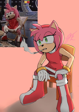accessory chair cigarette eye_bags female furniture headband on_chair ring simple_background sitting sitting_on_chair smoking solo thousand_yard_stare wood wood_chair wood_furniture tabascomilk sega sonic_the_hedgehog_(series) amy_rose eulipotyphlan hedgehog mammal 2025 absurd_res hi_res meme redraw reference_image