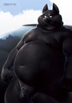 2022 absurd_res anthro belly big_belly biped black_body black_nose blue_eyes canid canine canis domestic_dog flaccid genitals hi_res humanoid_genitalia humanoid_hands humanoid_penis male mammal moobs navel nipples overweight overweight_male penis solo wolver_mustang