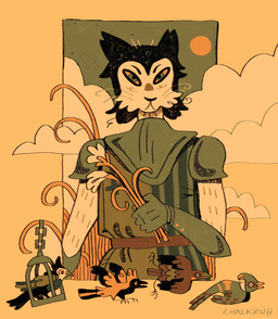 ambiguous_gender anthro arm_hair armor belt biped black_body body_hair cage chain cloud feral holding_plant looking_at_viewer male pauldron simple_background solo sun whiskers white_body yellow_background chalkrub avian bird domestic_cat felid feline felis mammal 2025 absurd_res hi_res signature