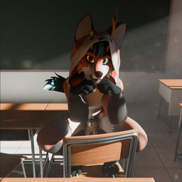 anthro antlers chalkboard chastity_cage chastity_device classroom classroom_desk classroom_nudity clothed clothing genitals hands_on_chin horn inside looking_at_viewer male onesie open_mouth partially_clothed penis public public_nudity school sitting solo wings sanythefox sany_van_fox canid canine fox lagomorph mammal wolpertinger 1:1 3d_(artwork) absurd_res digital_media_(artwork) hi_res huge_filesize