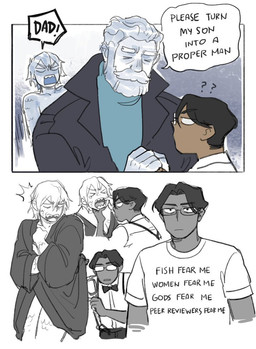 beard clothed clothing eyewear facial_hair fully_clothed glasses group hair male not_furry question_mark robe scales speech_bubble text trio starfleetrambo edward_(starfleetrambo) lucius_(starfleetrambo) oskar_(starfleetrambo) animal_humanoid human humanoid mammal marine marine_humanoid oarfish_humanoid siren comic digital_media_(artwork) hi_res sketch father_(lore) father_and_child_(lore) father_and_son_(lore) parent_(lore) parent_and_child_(lore) parent_and_son_(lore) son_(lore) trans_(lore) trans_man_(lore)