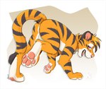 4_toes all_fours anthro feet looking_at_viewer male open_mouth open_smile pawpads side_view smile solo tail teeth toes kwik_(artist) felid mammal pantherine tiger