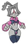 4_fingers anthro biped blush bulge cheek_tuft clothed clothed_anthro clothing cropped_hoodie facial_tuft fingers grey_body hoodie legwear male midriff navel solo thigh_highs tied_ears toony topwear tuft bav meme_clothing paggi_outfit vab_(bav) lagomorph leporid mammal rabbit digital_drawing_(artwork) digital_media_(artwork) flat_colors meme restricted_palette