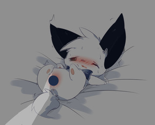 bed_sheet bedding black_ears blush censored_genitalia censored_vulva female feral fur kemono lying on_back one_eye_closed shadow solo white_body white_fur young young_feral deaic canid canine mammal 2016 censored