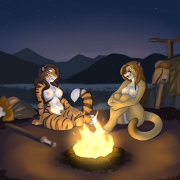 4_toes 5_fingers anthro areola arrow_(weapon) barefoot barely_visible_genitalia barely_visible_vulva belly big_breasts biped black_body black_fur black_stripes black_tail bow_(weapon) branch breasts brown_hair campfire camping casual_nudity cheek_tuft chest_tuft clothing countershading discarded_clothing duo eyebrows eyelashes facial_tuft fangs feet female fingers fire footprint fur genitals green_eyes hair half-closed_eyes knees_pulled_up long_hair long_tail looking_aside looking_at_another markings melee_weapon mountain multicolored_body multicolored_fur multicolored_tail narrowed_eyes navel night nipples nude nude_female open_mouth open_smile orange_body orange_fur orange_tail outside patreon_exclusive pawprint pawprint_(marking) paws pink_areola pink_nipples pink_nose pink_tongue plant pubic_mound quiver_(object) ranged_weapon sabertooth_(anatomy) shadow short_story sitting sky small_waist smile snout social_nudity star starry_sky striped_body striped_fur striped_markings striped_tail stripes sword tail tail_markings teeth thick_thighs toes tongue tree tuft two_tone_body two_tone_fur vulva weapon white_belly white_body white_fur white_tail wide_hips yellow_body yellow_fur yellow_tail seibear alex_marx dusty_(baldrek) cougar felid feline mammal pantherine tiger 1:1 2019 digital_media_(artwork) hi_res signature story story_at_source story_in_description