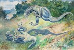 ambiguous/ambiguous ambiguous_gender day duo feral fight forest green_body green_scales jumping leap mountain outside plant scales tree volcano charles_r_knight dinosaur dryptosaurus prehistoric_species reptile scalie theropod tyrannosauroid 1897 19th_century absurd_res ancient_art hi_res painting_(artwork) traditional_media_(artwork)