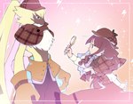 anthro brown_hair clothing detective detective_hat duo female fluffy_chest gloves hair handwear long_ears long_hair magnifying_glass male smile 3567days bandai_namco digimon ruri_tsukiyono digimon_(species) human mammal symbareangoramon