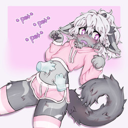 4_fingers adolescent anthro belly_rub bodily_fluids bottomwear cheek_tuft claws clothed clothed_anthro clothing crop_top cropped_hoodie crossdressing crossdressing_male disembodied_hand disembodied_paw dolphin_shorts duo embarrassed eyebrow_through_hair eyebrows facial_tuft femboy finger_claws fingers fur grey_body grey_fur hair hotpants inner_ear_fluff kemono legwear looking_away lying male male_anthro midriff navel nervous nervous_sweat on_back paw_pose pawpads petting pink_bottomwear pink_clothing pink_shorts pink_sweatshirt pose purple_eyes purple_mouth shirt shorts simple_background sweat sweatdrop sweaty_face tail text thigh_highs topwear touching_stomach translucent translucent_hair tuft white_hair young young_anthro young_male bezimotodol crescen_(crescencat) domestic_cat felid feline felis mammal 1:1 2025 digital_media_(artwork) hi_res