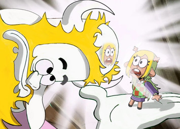 anthro antlers balding beard blonde_hair brown_body buckteeth clothed clothing duo facial_hair female hair horn humor male on_hand open_mouth reflection size_difference surprised teeth white_body iluvrabbitz third-party_edit deltarune nickelodeon spongebob_squarepants undertale_(series) asgore_dreemurr noelle_holiday bovid caprine deer goat mammal new_world_deer reindeer screencap_edit