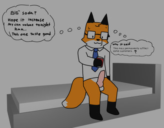 animal_genitalia animal_penis anthro balls bed beverage bottomless canine_genitalia canine_penis clothed clothing eyewear furniture genitals glasses holding_object knot office_clothing on_bed penis shirt sitting sitting_on_bed solo text topwear foxfreeguy charlie_(foxfreeguy) canid canine fox mammal absurd_res english_text hi_res