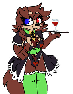 anthro body_hair braided_hair bulge clothed clothing collar container cup drinking_glass frilly frilly_clothing glass glass_container glass_cup gynomorph hair heterochromia intersex legwear maid_uniform server_tray skimpy solo thigh_highs uniform wine_glass roomwithavoid lyla_(arsononymous) canid canine canis domestic_dog mammal