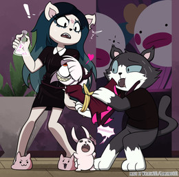 anthro exclamation_point female flask group heart_symbol hug male surprised barryfactory cartoon_hangover the_summoning claire_(the_summoning) edgar_(the_summoning) fan_character fluff_top suzie_(barryfactory) cyclops domestic_cat felid feline felis lagomorph leporid mammal rabbit 2021 hi_res
