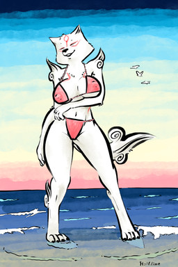 4_toes ankle_tuft anthro anthrofied arm_tuft armpit_hair asian_clothing beach big_breasts bikini black_lips black_nose body_hair breasts camel_toe claws clothing east_asian_clothing eye_markings eyes_closed feet female fundoshi fur japanese_clothing leg_tuft lips markings navel nipple_outline red_markings shoulder_tuft smile solo supporting_breasts swimwear tail teeth thick_thighs toe_claws toes tuft two-piece_swimsuit underwear white_body white_fur half_dime capcom okami_(capcom) amaterasu_(okami) canid canine canis mammal wolf 2:3 absurd_res hi_res