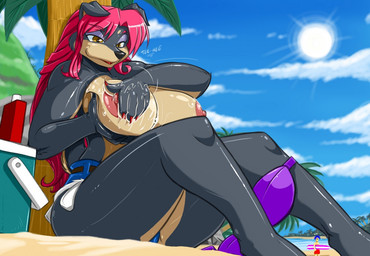 anthro beach big_breasts big_nipples black_nose bottomwear breasts clothed clothing cloud curvy_figure denim denim_clothing detailed_background duo eyeshadow female floppy_ears hair lipstick long_hair lotion makeup nipples outside pink_hair plant sand seaside shorts sitting sky smile solo_focus sun surfboard thick_thighs topless tree vehicle voluptuous watercraft shonuff delilah_evona canid canine canis domestic_dog mammal mastiff molosser rottweiler 2015 digital_media_(artwork)