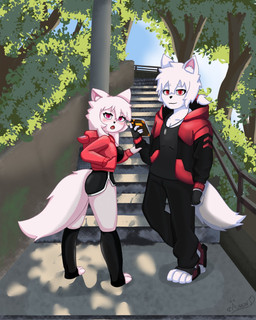 anthro book bottomwear breasts cloak clothing denim denim_bottomwear denim_clothing denim_shorts detailed_background duo female hair male male/female muscular muscular_male pink_eyes red_eyes shorts white_body white_hair amoni_(artist) canid canine fox mammal hi_res