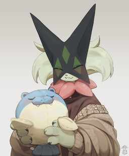 3_fingers ambiguous_gender anthro claws clothed clothed_anthro clothing eyes_closed finger_claws fingers flower_(anatomy) fur green_body green_fur happy jagged_mouth mask pink_nose plushie solo sweater topwear yuureii nintendo pokemon generation_3_pokemon generation_9_pokemon meowscarada pokemon_(species) spheal 2025 absurd_res hi_res