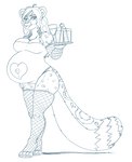 4_toes ahoge anthro armwear belly beverage blue_and_white braided_hair breasts chest_tuft claws cleavage clothed clothing container cup cute_fangs derrysome drinking_glass drinking_straw feet felid female fishnet_armwear fishnet_clothing fishnet_legwear fishnet_thigh_highs fluffy fluffy_tail glass glass_container glass_cup hair hand_on_leg hand_on_thigh heart_cutout hi_res holding_object holding_tray inner_ear_fluff ivory_whittaker legwear leotard long_hair looking_at_viewer mammal markings monochrome navel pantherine paws pregnant pregnant_anthro pregnant_female simple_background sketch smile snow_leopard solo spots standing striped_markings striped_tail stripes tail tail_markings thick_thighs thigh_highs tight_clothing toe_claws toes tuft waiter white_background