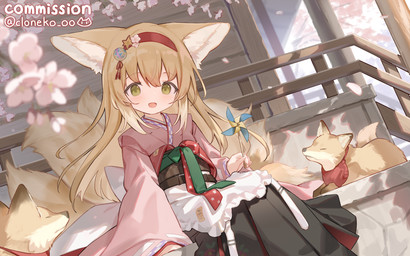 accessory asian_clothing blonde_hair bottomwear cherry_blossom clothing east_asian_clothing female feral flower green_eyes group hair hair_accessory hairband hakama japanese_clothing multi_tail pinwheel plant prunus_(flower) skirt tail young young_female young_humanoid cloneko_(zelmeledf2) arknights hypergryph studio_montagne suzuran_(arknights) animal_humanoid canid canid_humanoid canine canine_humanoid fox fox_humanoid humanoid mammal mammal_humanoid 2026 hi_res