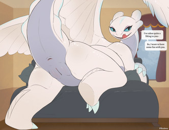 anus blue_eyes butt dialogue female female_feral feral forked_tongue genitals inviting_to_sex licking licking_lips looking_at_viewer looking_back looking_back_at_viewer presenting presenting_hindquarters raised_tail scales sharp_teeth solo tail tail_anus tailbutt talking_feral teeth text thick_tail tongue tongue_out vulva white_body white_scales wings conditional_dnp pikajota dreamworks european_mythology how_to_train_your_dragon mythology naja_(backis) dragon fury_(httyd) light_fury mythological_creature mythological_scalie scalie western_dragon english_text hi_res