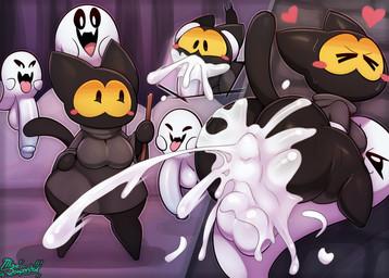 ambiguous_penetration anthro anthro_penetrated balls big_breasts big_butt black_eyes black_sclera bodily_fluids bottomless breasts butt clothed clothing cowgirl_position cum cum_from_mouth cum_in_mouth cum_inside cum_on_balls cum_on_butt cum_on_face cum_on_penis cum_splatter dominant dominant_anthro dominant_male dress erection fellatio female female_penetrated from_front_position genital_fluids genitals grey_clothing grey_dress group huge_butt huge_thighs male male/female male_penetrating male_penetrating_female mouthless multiple_positions on_bottom on_top oral penetration penile penis sex short_stack submissive submissive_female thick_thighs white_eyes yellow_sclera miso_souperstar google google_doodle magic_cat_academy momo_(google) domestic_cat felid feline felis ghost mammal spirit waddling_head 2025 absurd_res hi_res