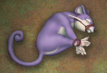 ambiguous_gender anus bdsm bondage bound captured feet feral feral_bondage fur hogtied muzzle_(object) muzzled paws purple_body purple_fur restraints rope rope_bondage soles solo raptorroper nintendo pokemon generation_1_pokemon mammal murid pokemon_(species) rattata rodent digital_drawing_(artwork) digital_media_(artwork) hi_res