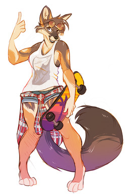 4_toes anthro barefoot bottomwear brown_body brown_fur clothed clothing clothing_around_waist countershade_feet countershading denim denim_bottomwear denim_clothing denim_shorts eyewear eyewear_on_head feet female flannel fur gesture glasses hand_gesture holding_object holding_skateboard one_eye_closed plantigrade pointing shirt shirt_around_waist shorts simple_background skateboard smile solo sunglasses sunglasses_on_head tank_top toes tomboy topwear vehicle white_background hoot_(artist) harper_(nicnak044) canid canine fox mammal 2017 digital_media_(artwork) full-length_portrait hi_res portrait