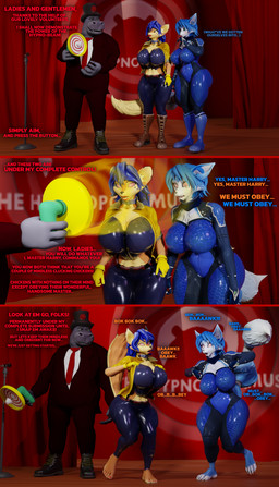 accessory anthro barefoot big_breasts black_bottomwear black_clothing black_latex black_pants blue_body blue_fur blue_hair blue_latex bodysuit bottomwear breasts clothed clothed_anthro clothed_female clothed_male clothing dialogue feet female fur furgonomics gloves grey_body group hair handwear hat headgear headwear huge_breasts hypno_beam_gun hypnosis jewelry latex latex_bodysuit latex_bottomwear latex_clothing latex_pants latex_skinsuit male mind_control multicolored_body multicolored_bodysuit multicolored_clothing multicolored_fur multicolored_skinsuit orange_body orange_fur pants ring skinsuit spiral spiral_eyes suit tail tail_accessory tail_jewelry tail_ring tan_body tan_fur text tight_clothing top_hat trio two_tone_body two_tone_bodysuit two_tone_clothing two_tone_fur two_tone_skinsuit white_body white_fur yellow_clothing yellow_gloves yellow_handwear hypnopotamus warfaremachine_(modeler) nintendo sly_cooper_(series) sony_corporation sony_interactive_entertainment star_fox sucker_punch_productions carmelita_fox harry_hippo krystal_(star_fox) canid canine common_hippopotamus fox hippopotamid mammal 2024 3d_(artwork) absurd_res comic digital_media_(artwork) english_text hi_res