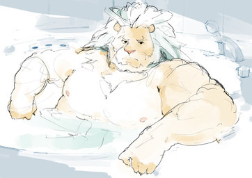 anthro bath bathing looking_at_viewer male muscular muscular_anthro muscular_male nipples pecs solo lumb_a lifewonders tokyo_afterschool_summoners arsalan_(tas) felid lion mammal pantherine absurd_res hi_res