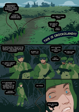 blue_eyes bodily_fluids breasts dialogue forest genital_fluids group gun jungle male mostly_offscreen_anthro not_furry plant profanity ranged_weapon text tree urine weapon smolevn guy_randoms sgt._bertha_gator human mammal comic english_text hi_res