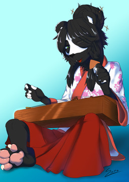 anthro asian_clothing black_hair clothing east_asian_clothing feet gradient_background green_eyes guzheng hair hindpaw japanese_clothing kimono looking_at_viewer male musical_instrument open_mouth paws plucked_string_instrument simple_background sitting solo string_instrument text sockodrawing bear giant_panda mammal absurd_res digital_media_(artwork) digital_painting_(artwork) handwritten_text hi_res painting_(artwork) shaded signature soft_shading