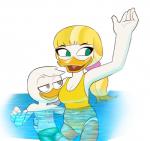 age_difference anthro beak breasts clothing duo female green_eyes hair larger_female male mature_anthro mature_female navel oblivious older_female one-piece_swimsuit ponytail size_difference smaller_male swimming swimwear young young_anthro young_male younger_male drockdraw disney ducktales ducktales_(2017) goldie_o'gilt louie_duck anatid anseriform avian bird duck