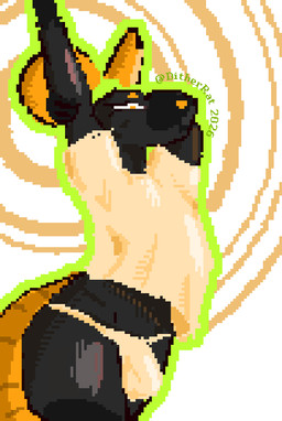 anthro black_body black_fur bulge femboy fur male solo standing stretching dither_rat tar_(dither_rat) mammal murid murine rat rodent digital_media_(artwork) pixel_(artwork)