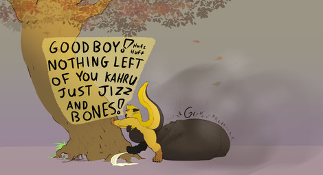 anthro anthro_pred bodily_fluids bones_in_balls cum cum_on_ground death dialogue digestion duo fatal genital_fluids male male_pred male_prey plant raised_tail size_difference smaller_pred tail tree vore kahrugia_(artist) mythology nintendo pokemon dergun kahrugia dragon generation_2_pokemon legendary_pokemon lugia mythological_creature mythological_scalie pokemon_(species) scalie absurd_res hi_res