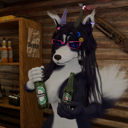 alcohol anthro beer beverage breasts eyewear female fluffy fluffy_tail fur glasses hair long_hair looking_at_viewer mostly_nude multicolored_body multicolored_fur nude tail two_tone_body two_tone_fur werm dev4ik 1:1 hi_res