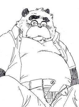 anthro belly biped blush bottomwear clothed clothing eyewear glasses male open_clothing open_shirt open_topwear overweight overweight_anthro overweight_male pants shirt sitting solo topwear underwear garouzuki canid canine mammal raccoon_dog tanuki 2015 monochrome