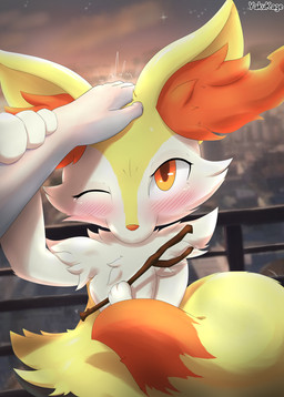 anthro balcony blush city city_background detailed_background duo female fur grey_body grey_fur male male/female narrowed_eyes orange_body orange_eyes orange_fur orange_nose pawpads rubbing sky star starry_sky stick sunset text white_body white_fur yellow_body yellow_fur yakukage nintendo pokemon braixen generation_6_pokemon pokemon_(species) absurd_res detailed hi_res