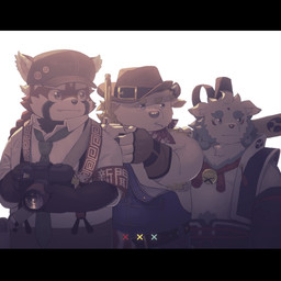 anthro biped black_bars bottomwear camera clothing cowboy cowboy_hat group hat headgear headwear necktie overalls pants shirt slightly_chubby suspenders topwear young young_anthro batten_xxxx asian_mythology east_asian_mythology japanese_mythology lifewonders mythology tokyo_afterschool_summoners agyo_(tas) babe_bunyan_(tas) zhurong_(tas) ailurid bovid bovine cattle foo_dog komainu mammal red_panda yokai 1:1 2022 letterbox