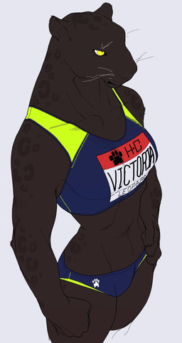 anthro athletic athletic_anthro athletic_female black_body black_fur black_spots blue_background bottomwear clothing crop_top female fist footprint fur fur_tuft hand_on_hip high-angle_view kemono looking_aside markings melanistic midriff multicolored_clothing navel pawprint print_bottomwear print_clothing shirt shorts simple_background solo sportswear spots spotted_body spotted_fur standing text text_on_clothing text_on_crop_top text_on_topwear three-quarter_view topwear tuft two_tone_clothing whiskers wide_hips yellow_sclera quququl felid leopard mammal pantherine 2021 character_name digital_media_(artwork) english_text hi_res portrait species_name three-quarter_portrait