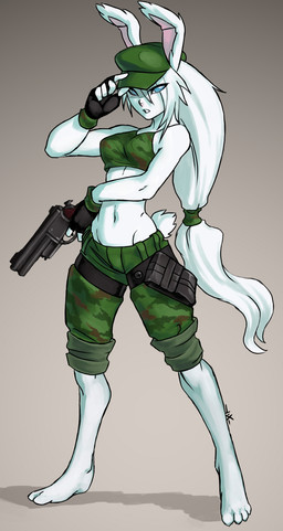 4_toes anthro athletic athletic_anthro athletic_female black_clothing black_fingerless_gloves black_gloves black_handwear blue_eyes bottomwear bra breasts camo camo_bottomwear camo_bra camo_clothing camo_pants camo_print camo_topwear camo_underwear clothing feet female fingerless_gloves front_view fur gloves gradient_background green_bottomwear green_bra green_clothing green_hat green_headwear green_pants green_underwear grey_background gun hair handgun handwear hat headgear headwear holding_gun holding_handgun holding_object holding_pistol holding_ranged_weapon holding_weapon leg_pouch leg_strap long_hair looking_at_viewer medium_breasts military navel pants pattern_bottomwear pattern_bra pattern_clothing pattern_pants pattern_topwear pattern_underwear pistol plantigrade ranged_weapon simple_background soft_abs soldier solo standing tail three-quarter_view toes topwear underwear volcanic_pistol warrior weapon white_body white_fur white_hair white_tail luigiix lagomorph leporid mammal rabbit absurd_res hi_res