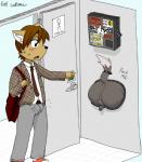 anthro anus backsack balls blush bodily_fluids bulge butt clothed clothing condom_dispenser duo erection male penis public_use sweat text through_wall inubashiri canid canine mammal 2014 english_text japanese_text translated