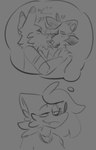 anthro blush eyes_closed fantasizing female french_kissing group hand_on_shoulder heart_symbol imagination kissing making_out male male/male nervous passionate smile thinking thought_bubble thoughtful_expression tongue sketchytoasty conner_(sketchytoasty) pepper_(sketchytoasty) snyder_(sketchytoasty) canid canine canis fox mammal procyonid raccoon wolf monochrome